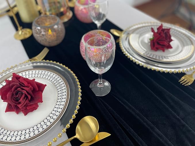Luxurious Velvet Table Runner, 10ft Wedding Reception Decorations, 20x120inch Soft Velvet Fabric, Table Linen Overlay, Wedding Table Runners (Black, 20X120inch) - Image 5
