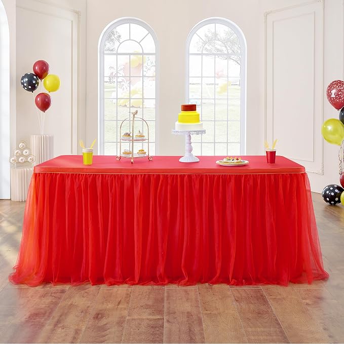 72inch Red Tulle Table Skirt for Rectangle Tables 6/4ft, 2-Layer Ruffle Tulle Tutu Red Cloth Table Desk Skirts 6ft for Chrismas Birthday Party Baby Shower Cake Dessert Tables(No Top Cover) by ENJOYYOURPARTY