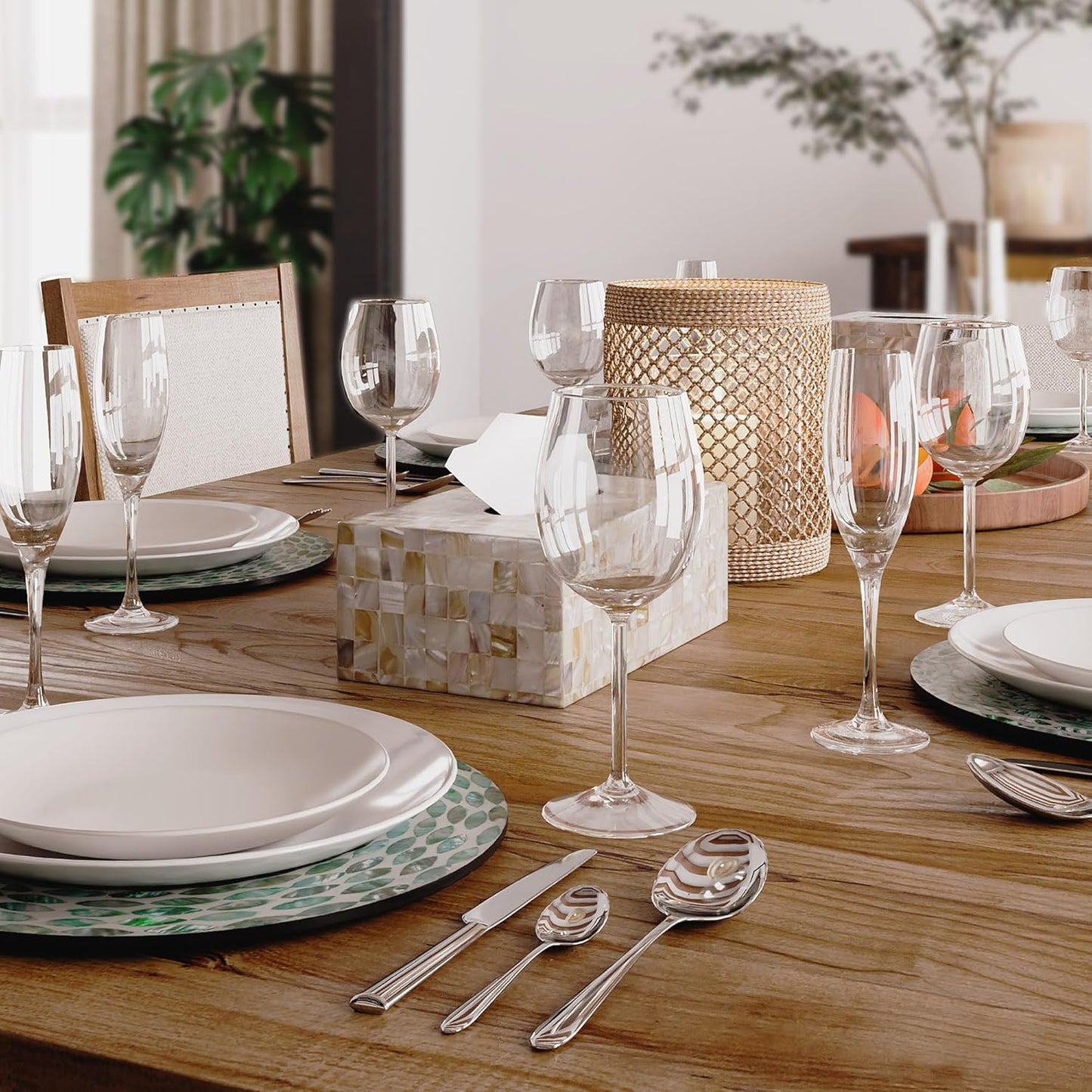 PEMAR Rectangular Mother of Pearl Lacquer Nacre Inlay Wood Tissue Box, Handmade Rectangle Tissue Box Cover Holder Decorative Napkin Dispenser Organizer Rustic Farmhouse Vintage Decor (White Sand)