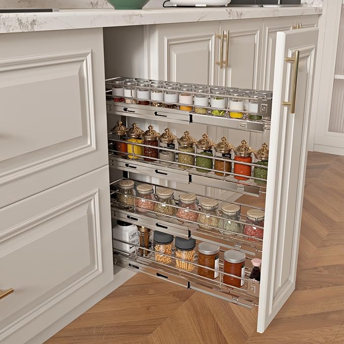 Sikarou 4-Tier 5" W x 21" D Narrow Pull Out Cabinet Organizer, Roll out Spice Rack Holder Shelve, Slide Out Slim Storage Wire Baskets for Storage Organization - Image 4