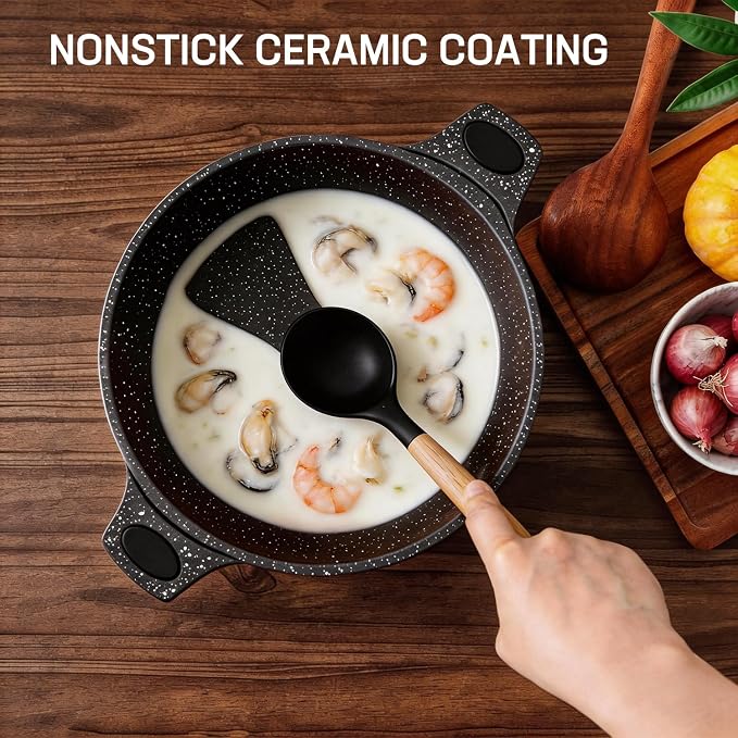 16PCS Cookware Set - Home Nonstick Stock Pot with Glass Lid, Pots and Pans Set, Cooking Pots Set, Cast Aluminum, Stay Cool Handles Dishwasher Safe, PTFE/PFOA Free, Speckled Black（Fish Scale Shaped) - Image 7