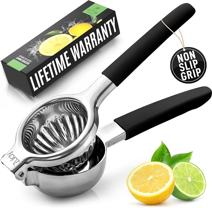 Zulay Lemon Squeezer Stainless Steel with Premium Heavy Duty Solid Metal Squeezer Bowl (Black Grip, Large) by ZulayKitchen