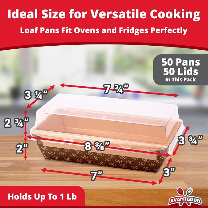 Chef-Grade 1Lb Paper Loaf Pans w/Lids 50Pk. Elegant Disposable, Bakeable Kraft Pan Supplies for Baking Bread, Small Meatloaf, Bundt Cake Sweets for Holiday Gifts, Bake Sales or Fundraiser. - Image 2