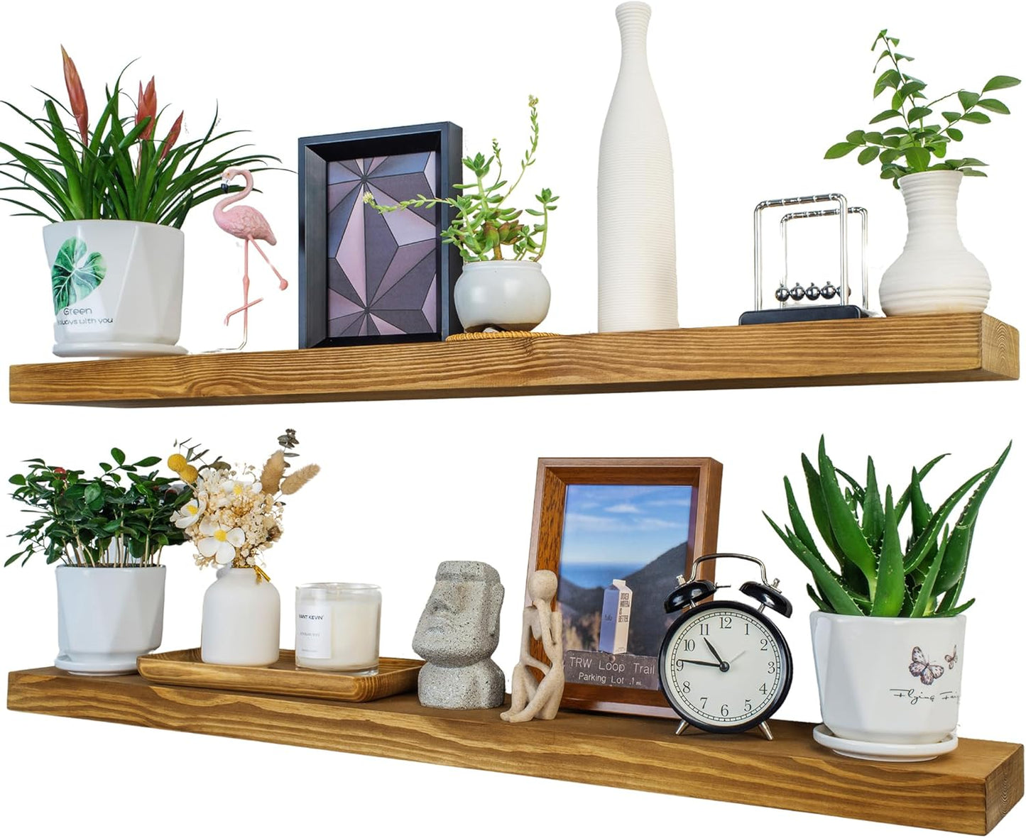 Rustic Floating Shelves 48 inch Long 8 inch deep Set of 2, Solid Wood Wall Shelves for Bedroom Living Room Kitchen,Book Shelf for Wall, Wall Mounted Shelves with Hidden Bracket- Gold Oak