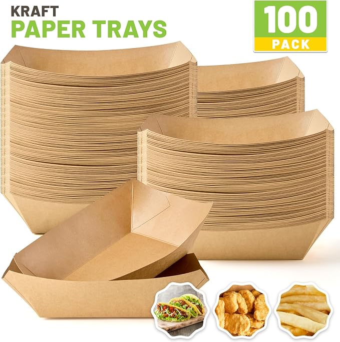 ZORRITA 100 Pack 4 LB Large Paper Food Trays | Disposable, Kraft Paper, Nacho Trays, Food Boats, Party Serving Basket, For Nachos Sandwiches Burgers Popcorns Salads Snacks - Image 3