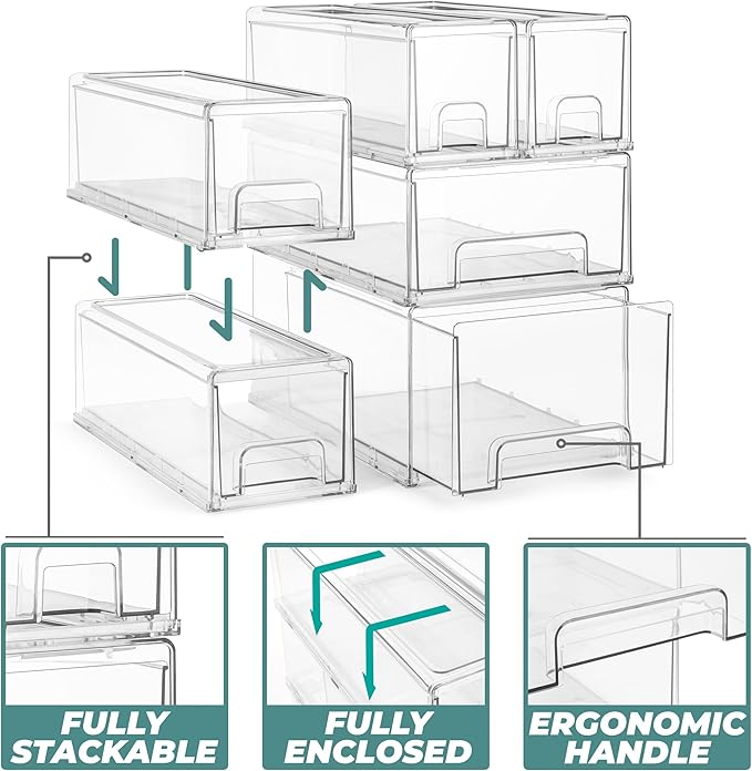 Sorbus Clear Stackable Storage Drawers with Pull-Out Bins (Small, 4 Pack) - Image 4