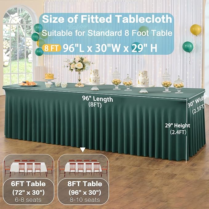 3 Pack Hunter Green Spandex Tablecloth for 8 Foot Rectangle Tables, Wrinkle Free Fitted Table Cloth Cover 8ft Green Stretchy Tablecloths with Skirt for Parties Weddings Birthday Banquet Baby Shower - Image 5