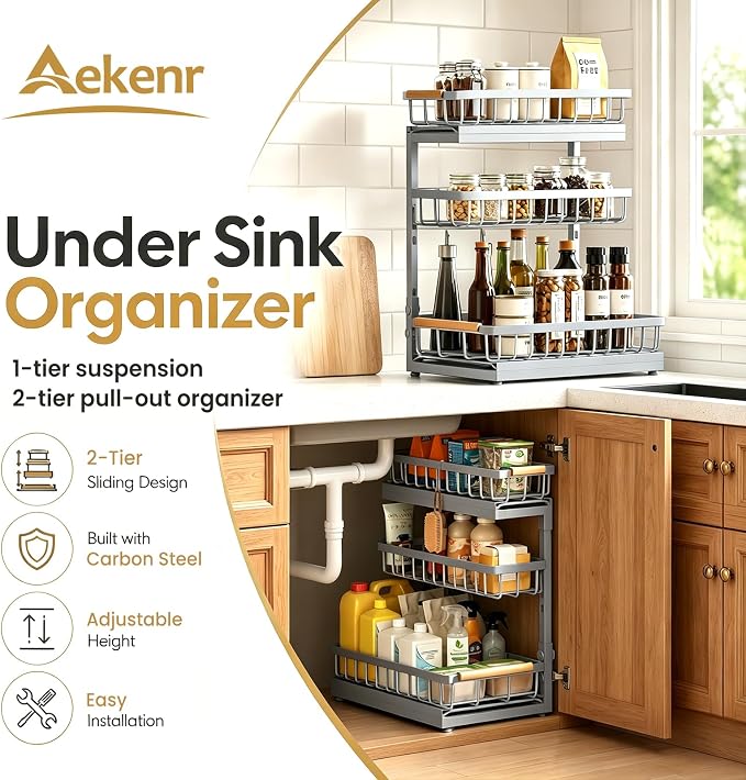 Under Sink Organizer and Storage for Bathroom and Kitchen - 2 Pack 3 Tier - Image 2