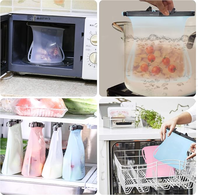 Reusable Food Storage Leakproof Silicone Snap Bags Stand-Up Silicone Food Bag 6 Cups (50 Oz) Microwavable Freezer and Dishwasher Safe Odorless Easy Clean and Dry Ziplock Alternatives (Random Color) - Image 9
