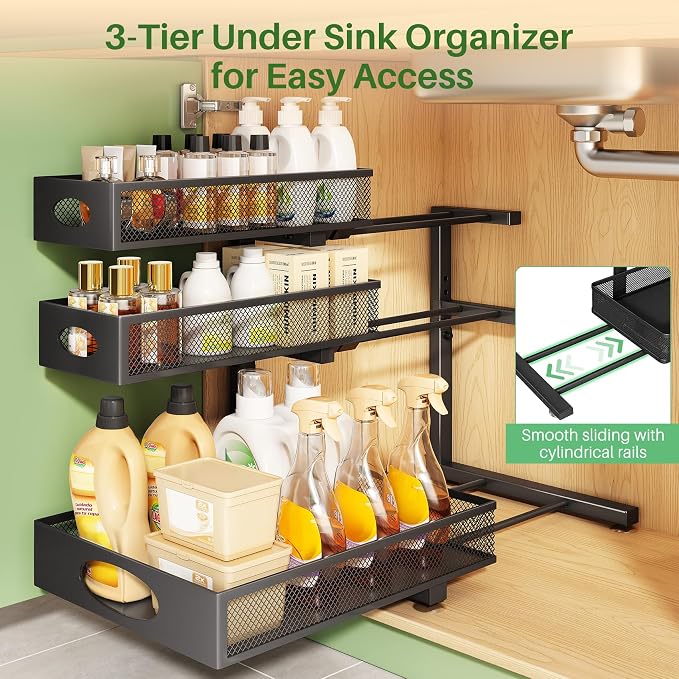 Kitstorack Under Sink Organizer 3-Tier Slide Out Drawer 2-Pack Black - Image 4