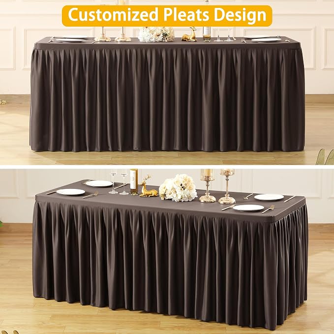 Wish Care Brown Polyester Table Clothes for 4 Foot Rectangle Tables, Wrinkle Free Fitted Table Cover with Pleated Ruffle Table Skirt for Birthday Party Wedding Trade Show Event Display - Image 6