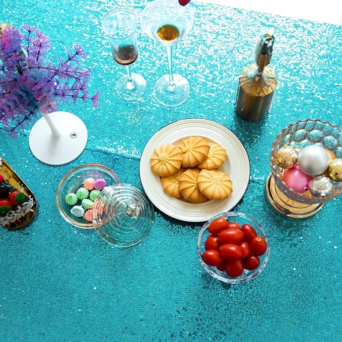 JYFLZQ Turquoise Sequin Tablecloth Glitter Party Table Cover 120 Inch Round - Image 3