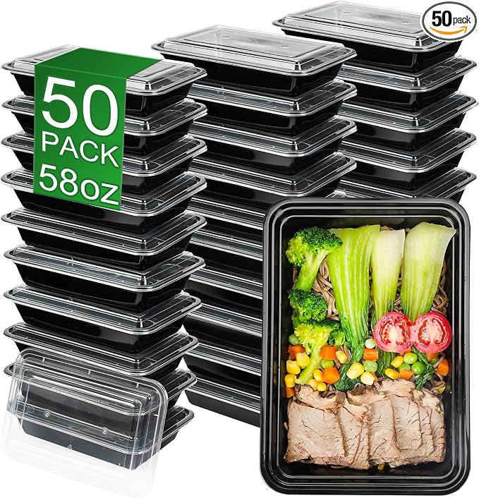 58oz Meal Prep Containers, 50 Pack Disposable Food Storage Boxes with Lids | Heavy Duty, Single Compartment, Leakproof Lids, BPA Free, Microwave Freezer Safe, Plastic To Go Bento Boxes for Lunch Takeout by Apsic