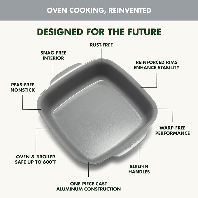 GreenPan Premiere Ovenware Healthy Ceramic Nonstick 8" Square Cake Baking Pan, Cast Aluminum Bakeware, Warp-Free, Oven and Broiler safe to 600F, Dishwasher Safe, PFAS-Free, Gray - Image 4