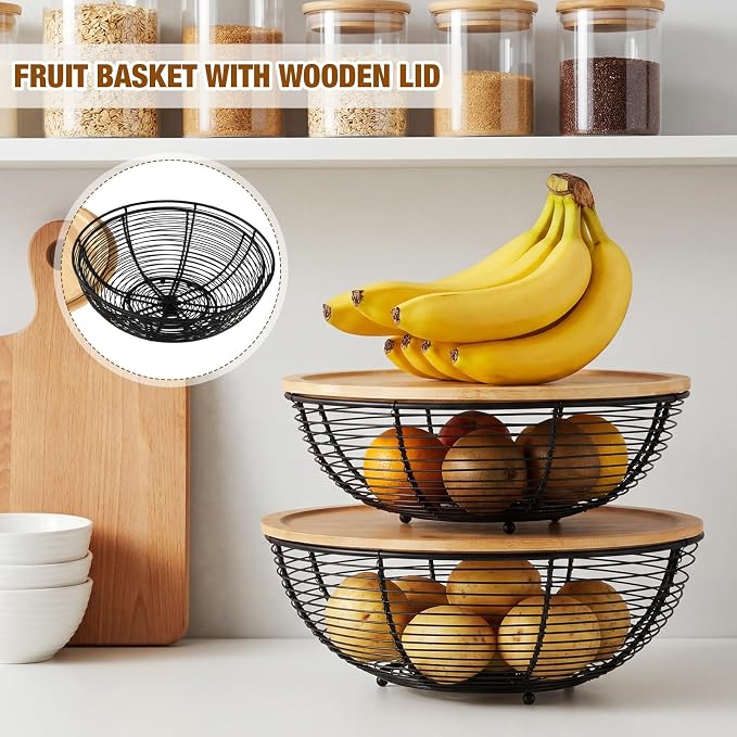 2 Set Stackable Fruit Basket with Bamboo Lid 11.5 &10.5 Inch Black Metal Wire Large Fruit Bowl for Kitchen Counter Pantry Organizer and Storage for Veggie, Snacks - Image 4