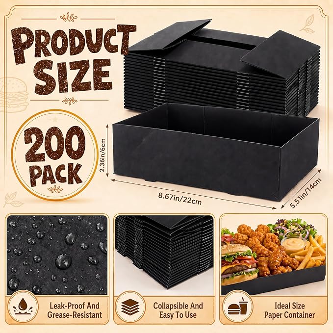 Potchen 200 Pcs Kraft Food Trays 4 Corner Pop up Food Tray Disposable Foldable Cardboard Movie Night Snack Trays Party Container Box for Holding Drink at Stadiums or Theaters (Black) - Image 3