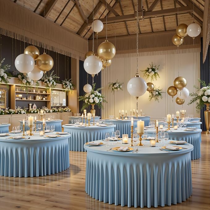 6 Pack Spandex Dusty Blue Round Tablecloths for 60in Tables, Stretchy 120inch Fitted 5FT Round Table Cloths, Wrinkle Free Table Cover with Skirt for Wedding Birthday Party Bridal Shower Banquet - Image 5