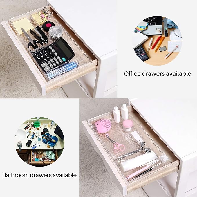 Oubonun Expandable Shallow Vanity Plastic Makeup Drawer Organizers, 2 Pack | Low Profile 1.3 Inch Height Clear Storage Tray - Scalable Width Customization Fits Cosmetic Lipsticks Brushes, Dressing Table - Image 5