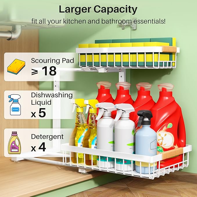 Kitstorack Under Sink Organizer, 2 Tier Under the Sink Storage, Slide out Pull out Cabinet Organizer Shelf, Metal Sliding Drawer for Kitchen Bathroom Pantry Closet Organization Rack, White, 2 Pack - Image 3