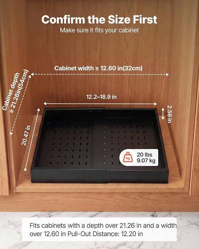 VEVOR Pull Out Cabinet Organizer, 2 Pack Expandable Width (12.2"-18.9"), 20.47" Deep Pull Out Drawers for Cabinets, Sliding Drawer for Kitchen Pantry Cabinet Organizer with Nano Adhesive Strips, Black - Image 2