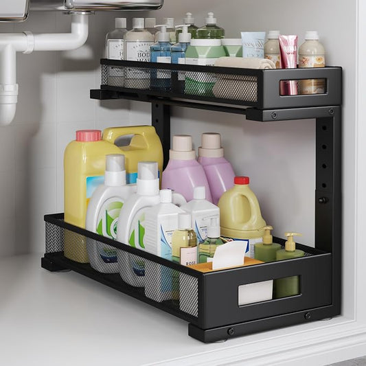 1 Pack 17IN Depth Under Sink Storage Organizer, Large 2-Tier Elegant Mesh Pull Out Shelf for Kitchen and Bathroom Cabinet Organization, L-Shaped and Adjustable Height Design-Black by UnderSinkOrganizer