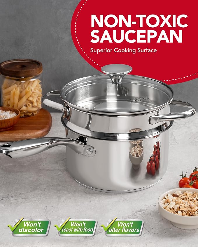 MICHELANGELO Stainless Steel Sauce Pan with Lid, 2.5 Quart Sauce Pan with Steamer Insert, Induction Saucepan, 2.5 Qt Stainless Steel Pot with Lid, Dishwasher & Oven Safe - Image 3