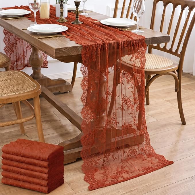Remagr 6 Pcs Terracotta Lace Table Runner 30 x 120 Inch Vintage Rustic Boho Table Runners Embroidered Floral Lace Decor for Wedding Party Bridal Shower Baby Shower by Remagr