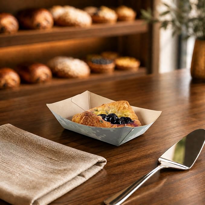 Restaurantware-Bio Tek 4 Ounce Paper Boats, 400 Disposable #25 Food Trays - PE Lining, Durable, Camouflage Print Paper Food Baskets, For Concession Stands, Picnics, or Fairs, Stackable - Image 3