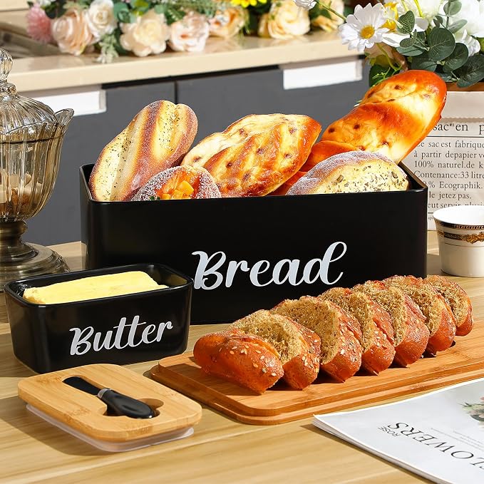 Hushee Metal Bread Container Butter Dish with Bamboo Lid Knife,Black | Butter Tray with Spreader Knife, Bread Box Bamboo Board Top, Storage Organizer for Kitchen Countertop Decor Keeps Fresh - Image 5
