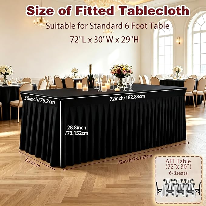 3 Pack Black Spandex 6ft Rectangle Tablecloths with Skirts - Image 2