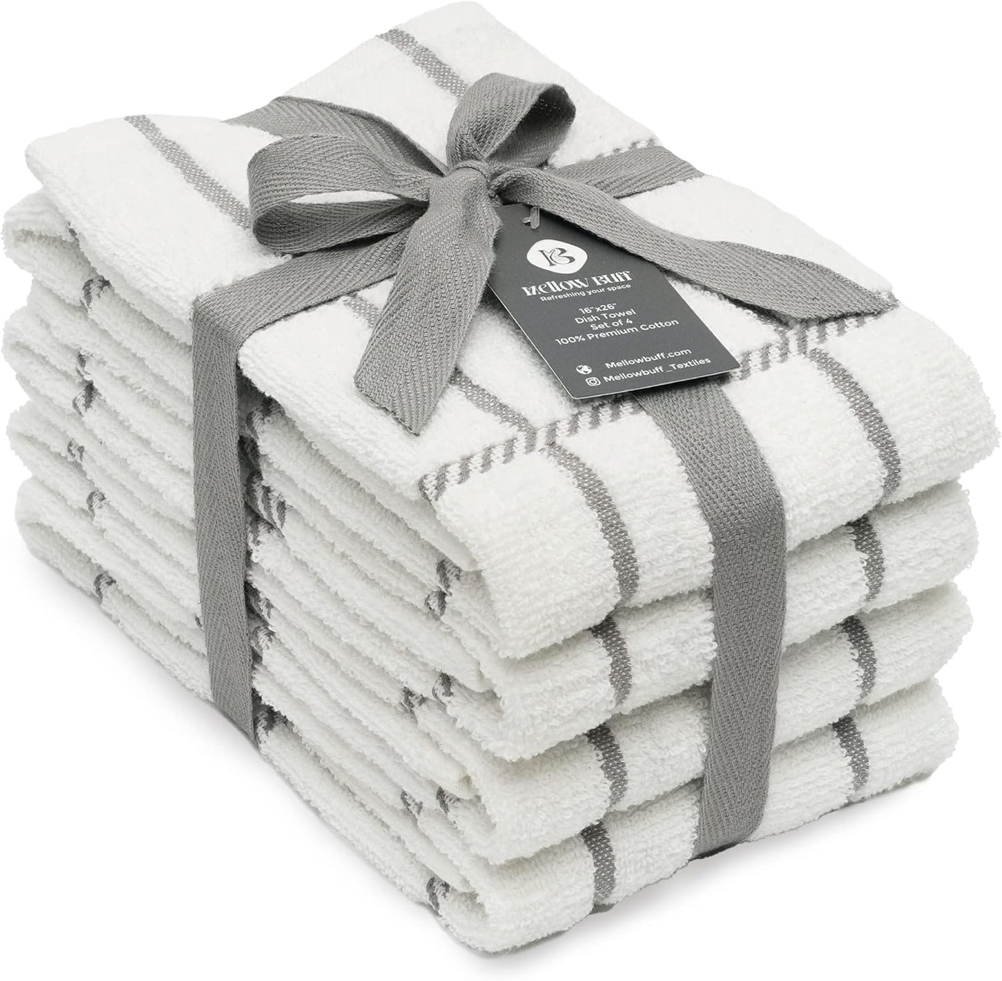 100% Cotton Terry Dish Towels, 4 Pack Checks, 16 x26 Inches, Super Soft and Absorbent Kitchen Towels, Perfect for Kitchen Cleaning and Dish Washing | Light Gray
