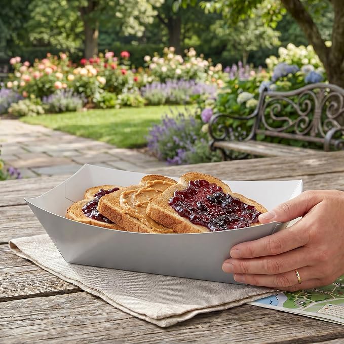 Restaurantware-Bio Tek 1 Pound Food Trays, 50 Disposable Paper Food Trays - Heavy-Duty, Greaseproof, Gray Paper Food Boats, For Snacks, Appetizers, Or Treats, Use At Parties Or Carnivals - Image 5