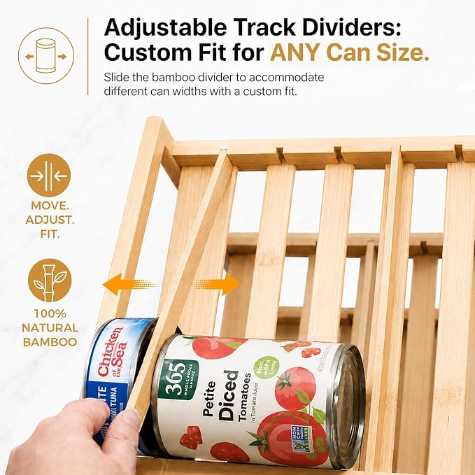 MinBoo 3-Tier Bamboo Can Organizer for Pantry - Holds 36 Cans (9/12/15) - Stackable Canned Food Dispenser with Adjustable Dividers - Gravity-Fed Rolling Storage Rack for Kitchen Cabinets - Image 3