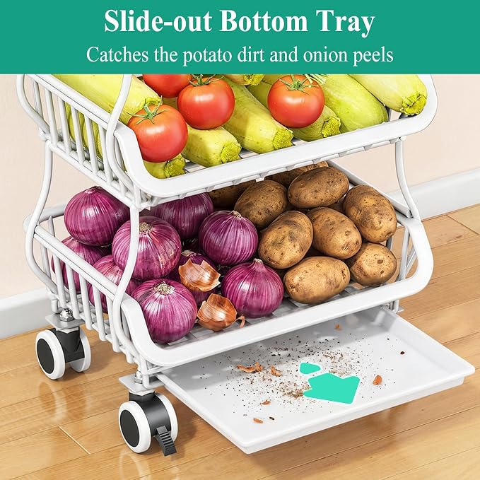 SAYZH 4-Tier Fruit and Vegetable Basket Stand for Kitchen, Wood Top, White | Stackable Vegetable Storage Baskets with Wheel, Metal Wire Storage Carts for Onion, Potato and Snacks - Image 3