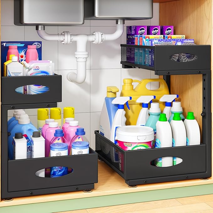 Under Sink Organizer, 2-Pack Pull Out Cabinet Organizer 2 Tier Metal Slide Out Storage Shelf Rack, L-Shaped Adjustable Height,Mesh Sliding Drawer for Kitchen, Bathroom, Laundry, Pantry, Black, XL by Kitstorack