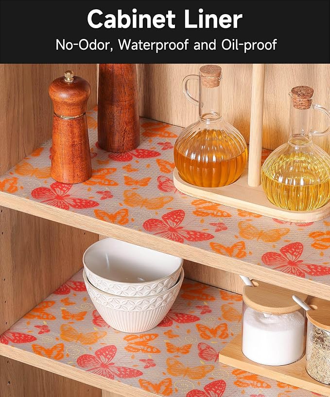 Shelf Liner for Kitchen Cabinets - Non-Adhesive Waterproof and Oil-Proof Drawer Liner, Reusable Protector for Dresser, Wire Shelf, Cupboards(Red Butterfly, 11.8" W x 360" L) - Image 9