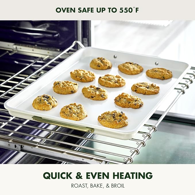 GreenPan Bakeware 13"x18" Half Baking Sheet Pan, Ceramic Nonstick Baking Pan, PFAS & BPA Free, Gold Handles, Durable Steel, Versatile & Space Saving Ovenware, Freezer to Oven Dish, Cream - Image 6