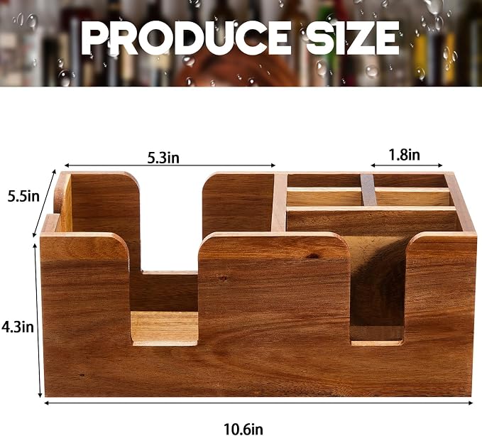 Mifoci 2 Pcs Acacia Bar Caddy with 5 Compartments, Wooden Bar Napkin Holder Organizer Cocktail Straws and Toothpicks Condiments for Home Office Kitchen Countertop(10.6 L x 5.5 W) - Image 2