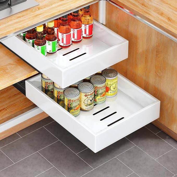 Pull Out Cabinet Organizer with Nano Adhesive, Heavy Duty Full-Extension Slide-Out Drawer for Kitchen Cabinet Organizers and Storage, No Drill Roll out Pantry Shelf, 11.8"W x 16.9"D x 3.1"H , White by Kitstorack