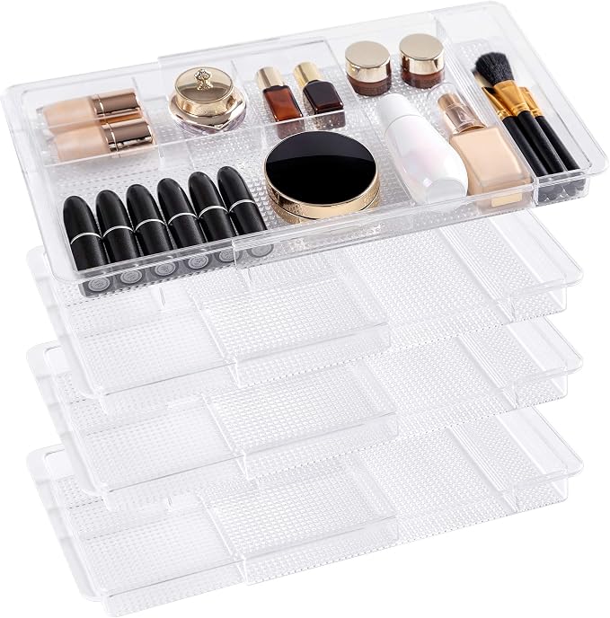 Oubonun Expandable Shallow Vanity Plastic Makeup Drawer Organizers, 4 Pack | Low Profile 1.3 Inch Height Clear Storage Tray - Scalable Width Customization Fits Cosmetic Lipsticks Brushes, Dressing Table by Oubonun