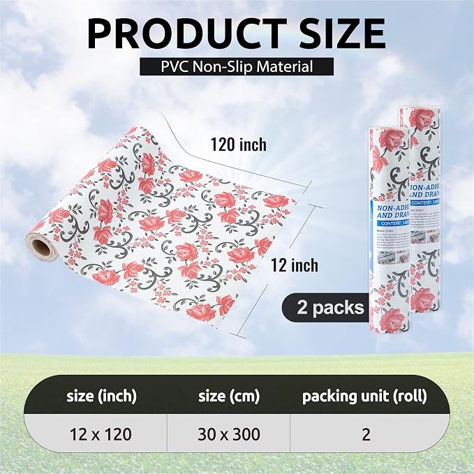 FIFTY FEET 12X120 Inch Shelf Liner for Kitchen Cabinets, PVC Drawer Liner for Dresser Non-Slip Bathroom, Non-Adhesive Cabinet Liner Washable (Red Floral)(2 Roll) - Image 3
