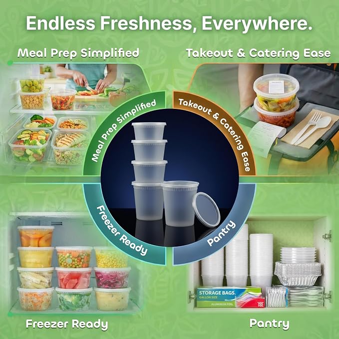 48 Sets Plastic Food Storage Deli Containers w/ Lids 16oz Pint & 32oz Quart | Leak Proof, Microwaveable, Dishwasher & Freezer Safe - Plastic Food Storage, Meal Prep, Restaurant & Soup Containers - Image 5