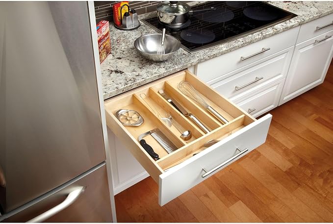 Rev-A-Shelf Trim-to-Custom-Fit Silverware Drawer Organizer For Kitchen Utensils, Cutlery Cabinet Storage Divider Insert, 23.98 x 21.97 In, Maple Wood, 4WUT-3 - Image 8