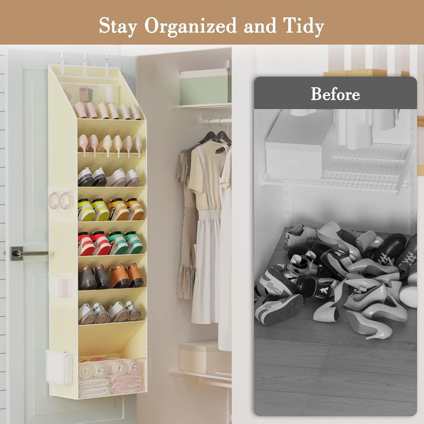 Criusia Shoe Storage, Over the Door Shoe Organizer, Hanging Closet Shoe Storage with Large Deep Pockets, Fits 16–24 Pairs of Sneakers, Sandals, Boots, Beige