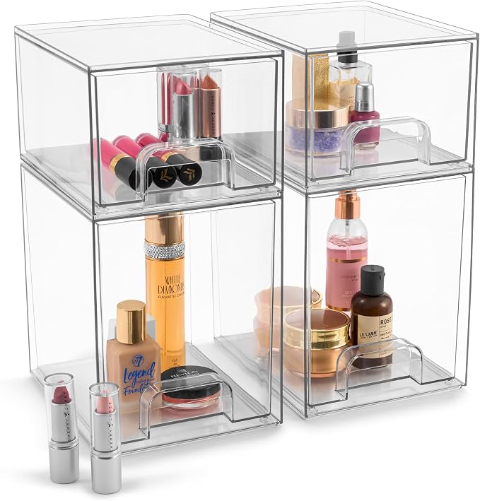 Sorbus Clear Stackable Storage Drawers (4 Pack, 7.6'' and 4.4'' Tall) - Image 7