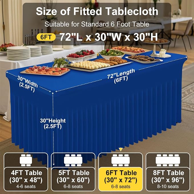Smiry Spandex Tablecloth 6 Pack, Elastic Fitted Stretch Tablecloth for 6FT Rectangle Tables, Waterproof Washable Table Cover Skirt for Wedding, Banquet & Parties (Blue, 72Lx30Wx30H Inch) - Image 4