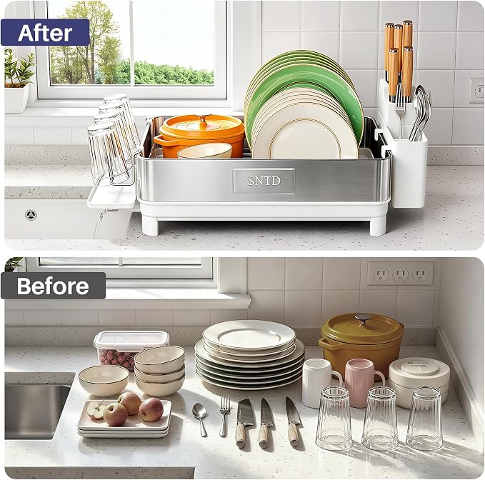 SNTD 304 Stainless Steel Dish Drying Rack for Small Kitchen Counter, White - Image 6