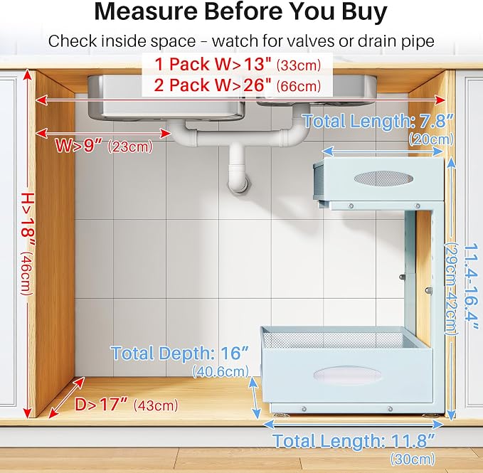 Under Sink Organizer, 2 Tier Pull Out Under Cabinet Organizer Shelf with Pad for Framed Cabinets, Metal Slide Out Under Sink Storage, Mesh Sliding Drawers for Kitchen Bathroom Laundry(Blue, 1 Pack) - Image 2