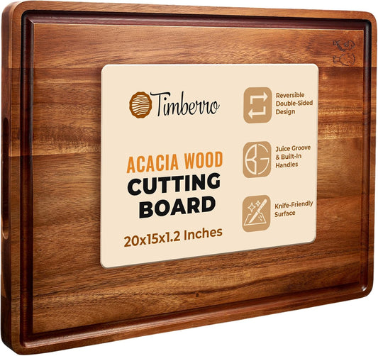 Acacia Wood Cutting Board (20x15x1.2 In.) - Large Thick Edge Grain Wooden Chopping Boards for Kitchen, Giant XL Organic Hardwood Carving Block for Raw Meat