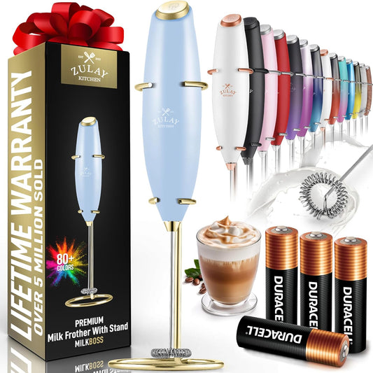 Zulay Kitchen Powerful Milk Frother Wand With 4 AA Duracell Batteries - Ultra Fast Handheld Drink Mixer - Electric Whisk Foam Maker for Coffee, Lattes, Cappuccino, Matcha, Hot Chocolate & Creamer